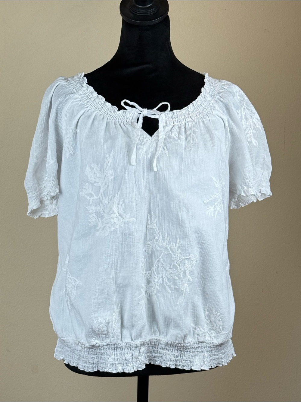 White Embroidered Peasant Blouse with Smocked Neckline & Hem